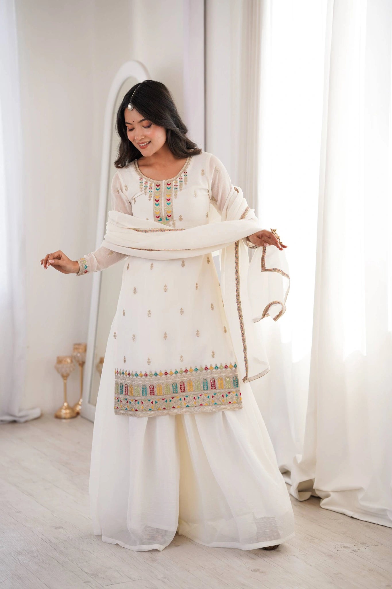 Off White Sequins Embroidered Suit with flared sharara on model