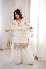 Off White Sequins Embroidered Suit with flared sharara on model