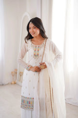 Off White Sequins Embroidered with Thread & Zari Work Suit round neck yoke work