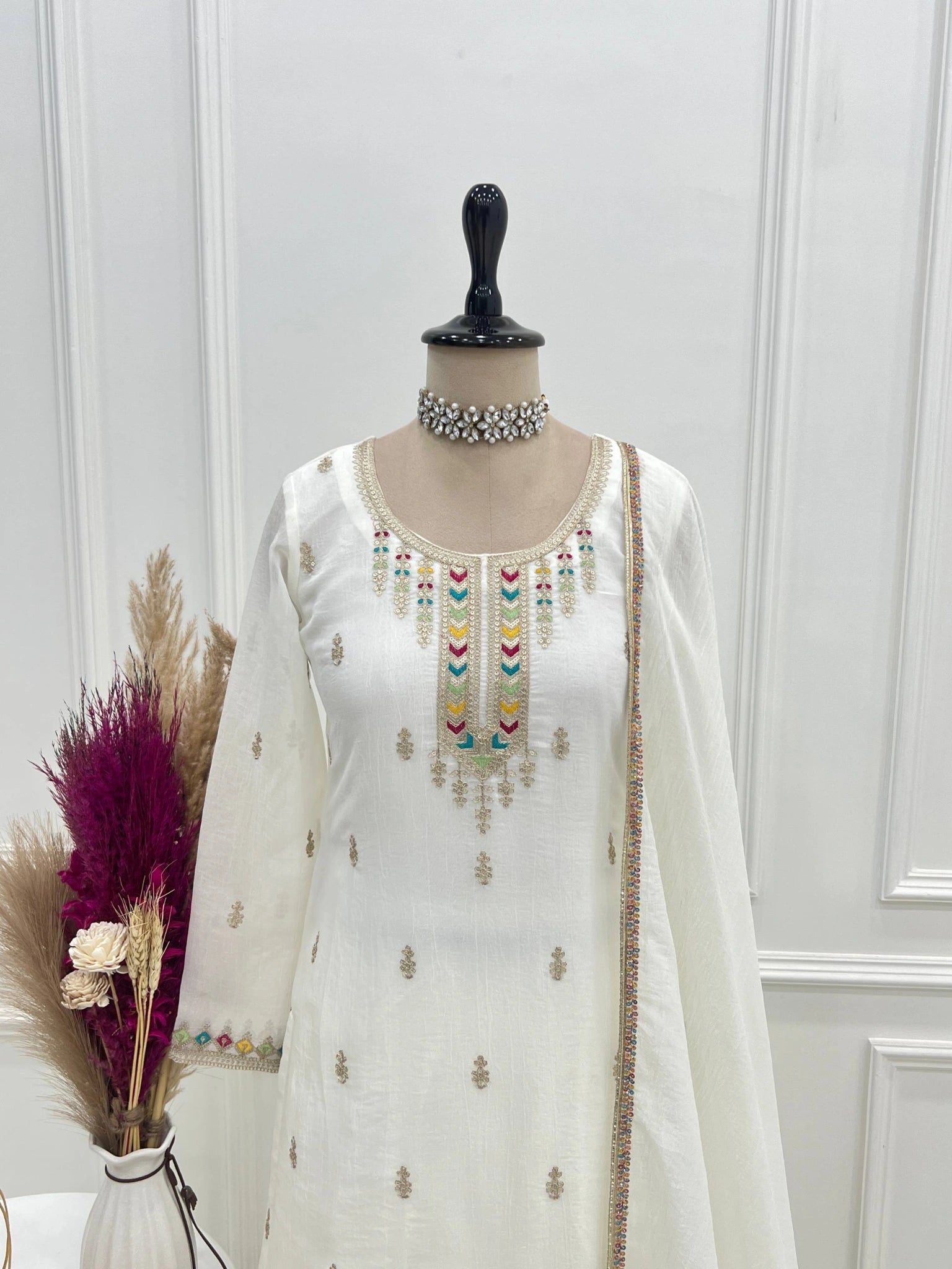 Off White Sequins Embroidered Suit neckline close-up on mannequin