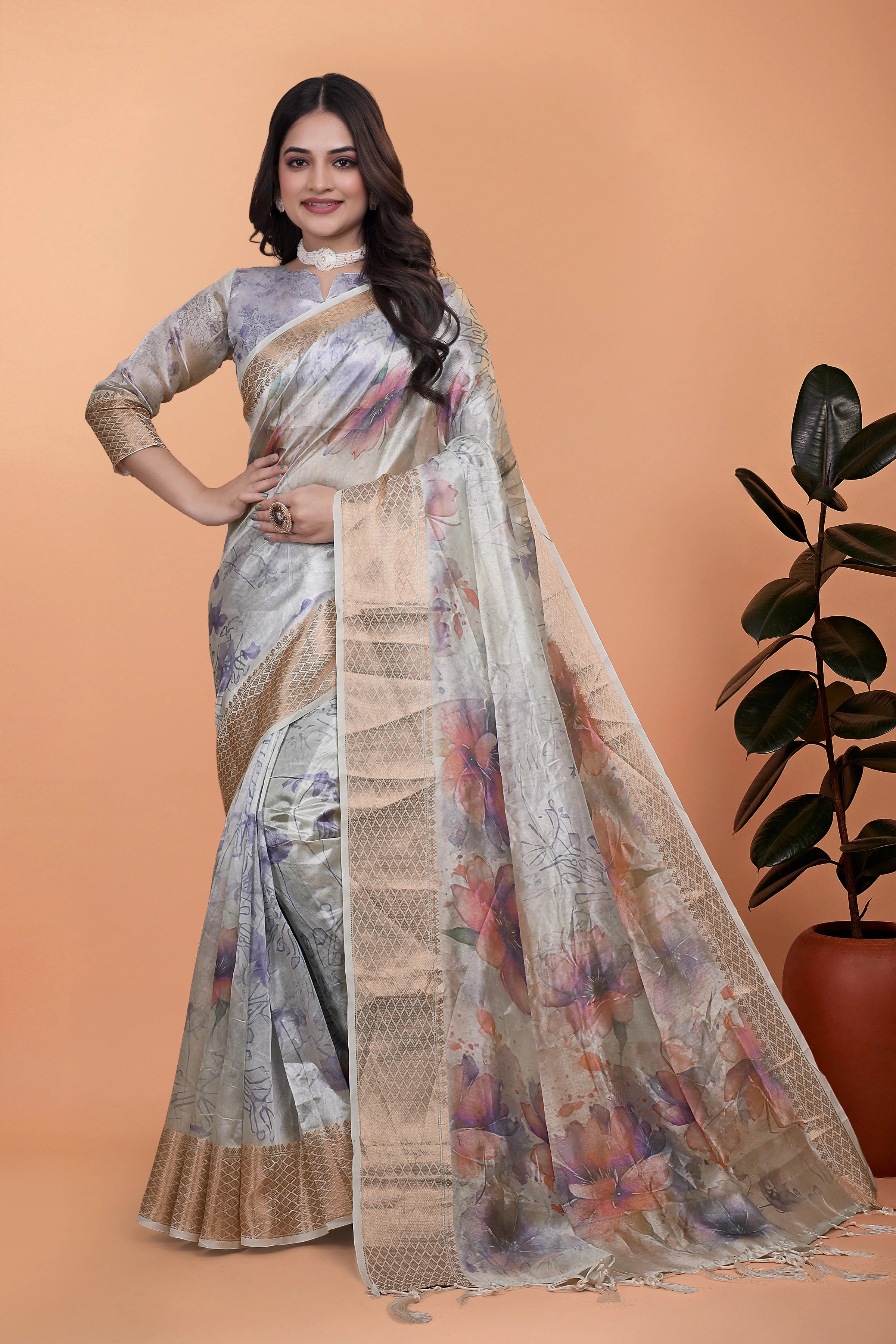 Off White Zari Weaving Saree full front drape – Premium Crystal | Kalyanja KS356