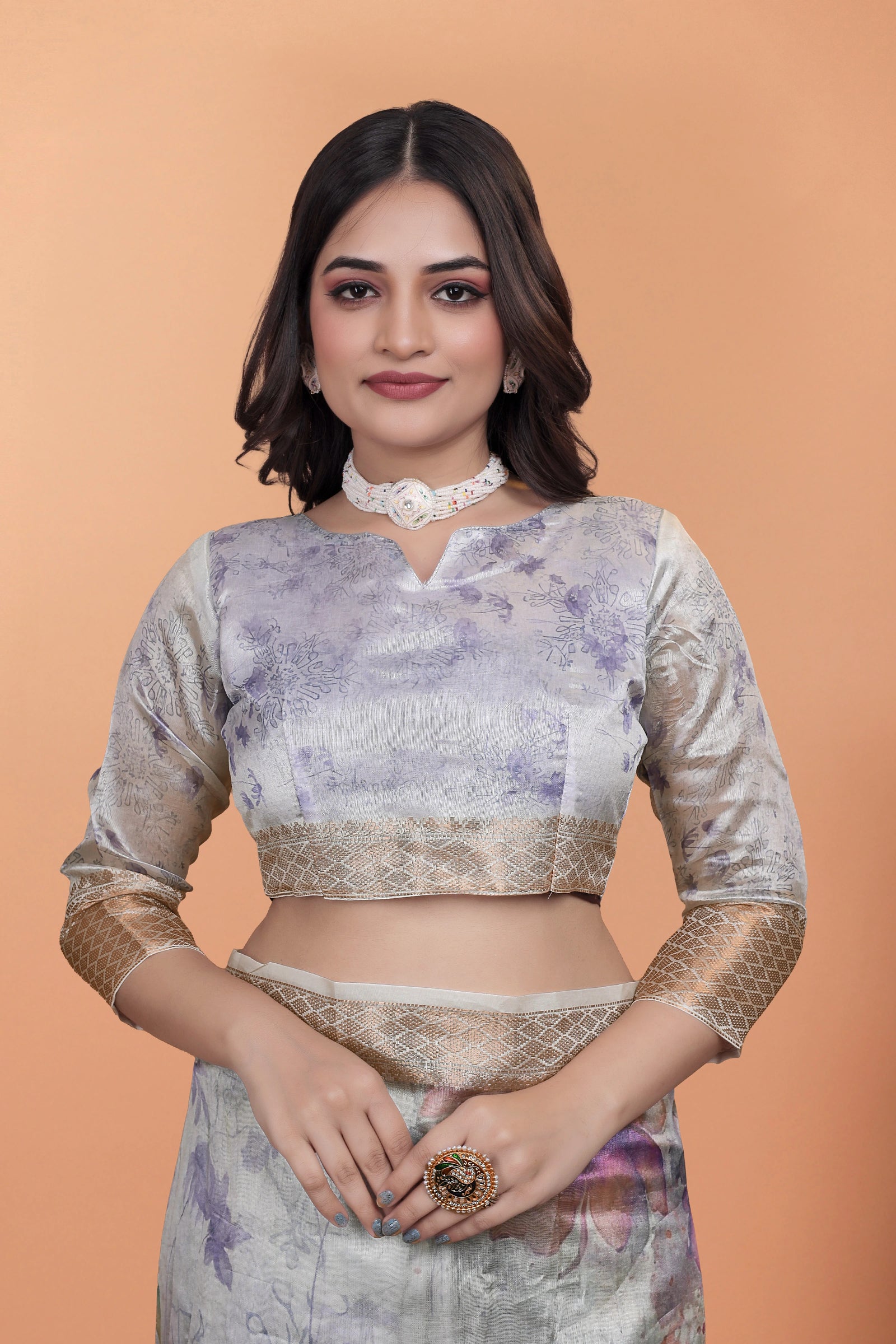 Off White Zari Weaving Saree blouse detail Premium Crystal – Kalyanja KS356