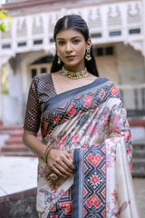 Beige & Black Patola Print Soft Tussar Silk Saree