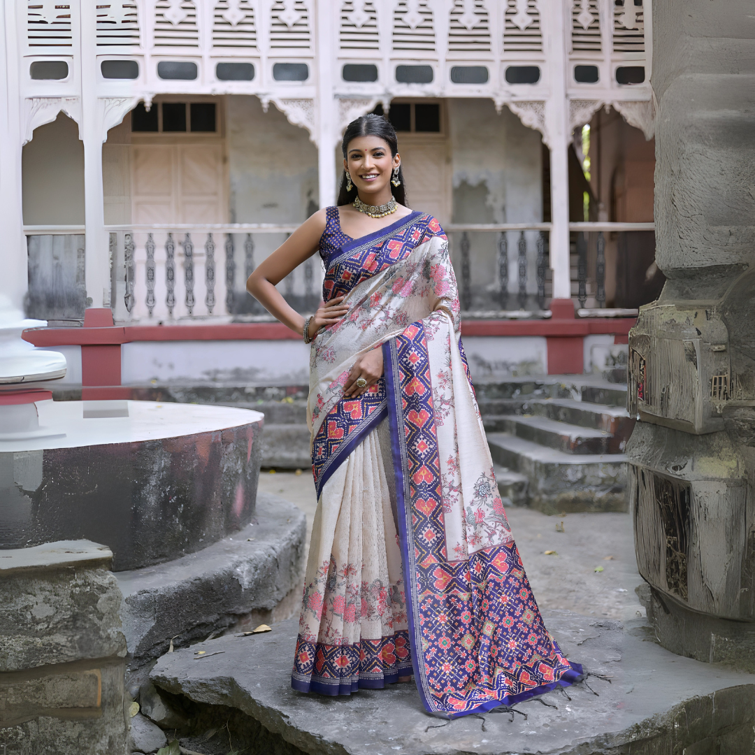 Beige & Navy Blue Patola Print Soft Tussar Silk Saree