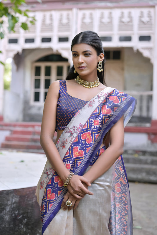 Beige & Navy Blue Patola Print Soft Tussar Silk Saree