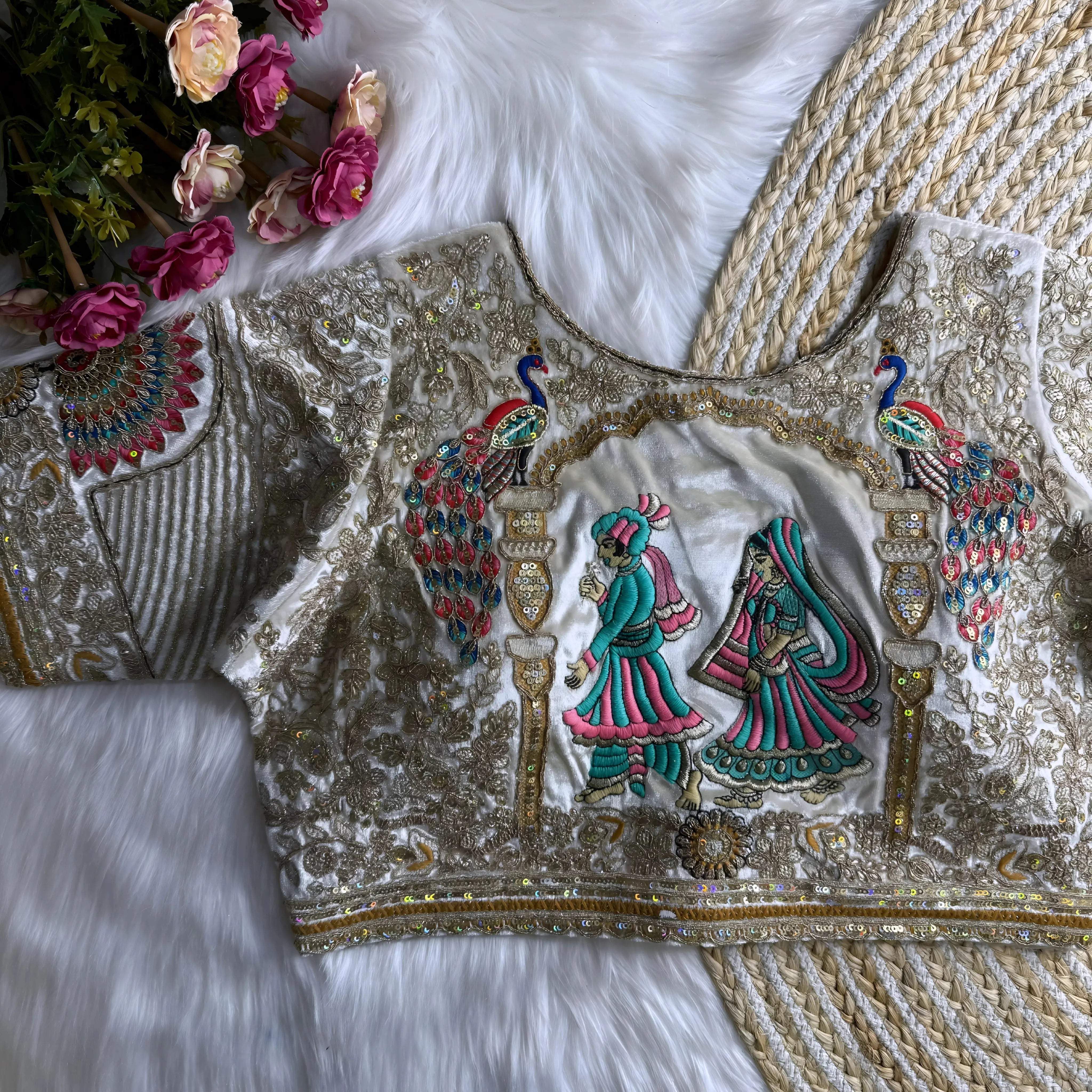 Traditional off-white blouse featuring intricate gold thread embroidery, sequin floral motifs, geometric panel designs, and subtle mirror work, displayed flat on a furry white surface with a braided natural mat and surrounded by pink artificial flowers in the corner.