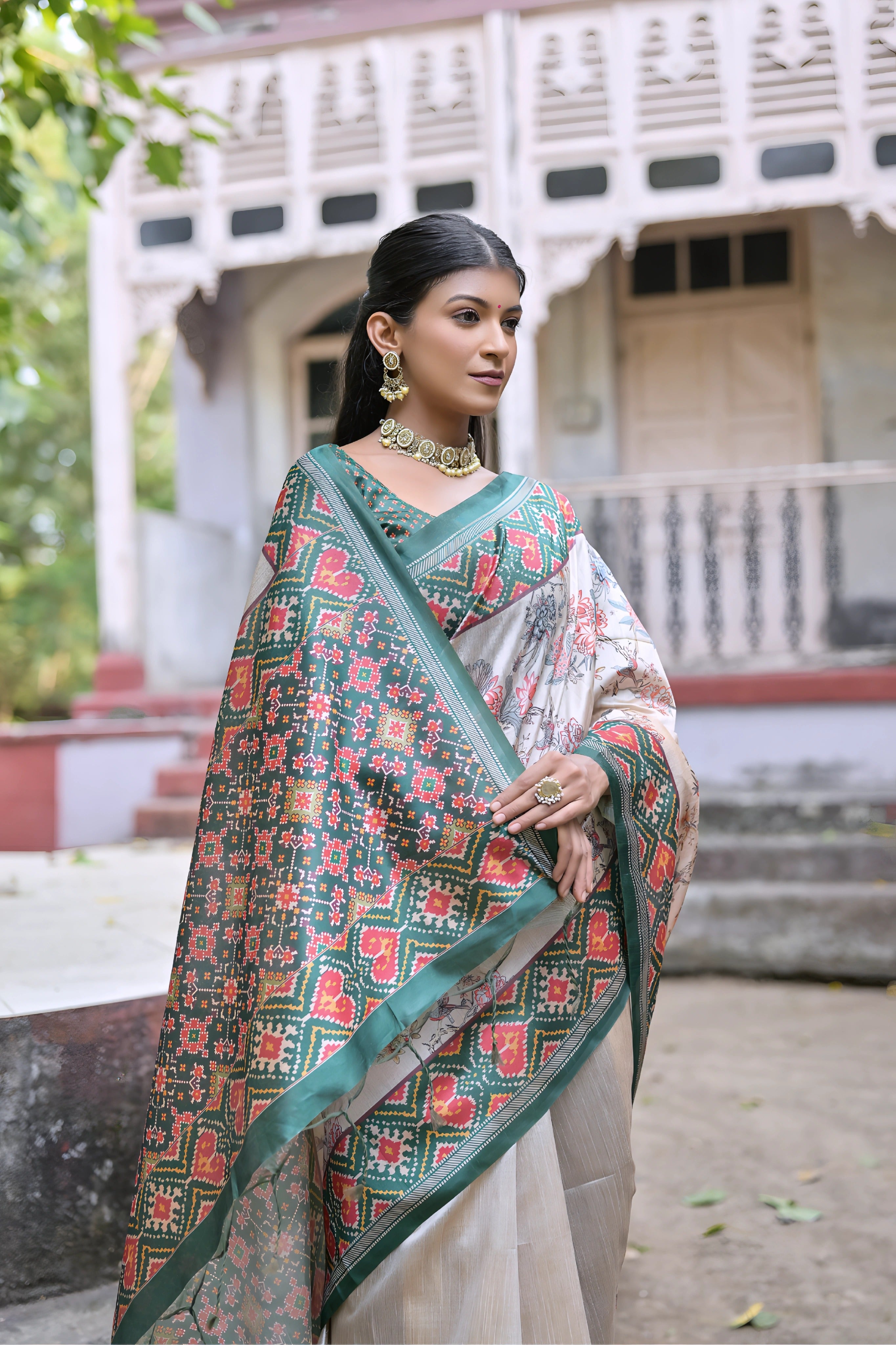 Beige & Green Patola Print Soft Tussar Silk Saree