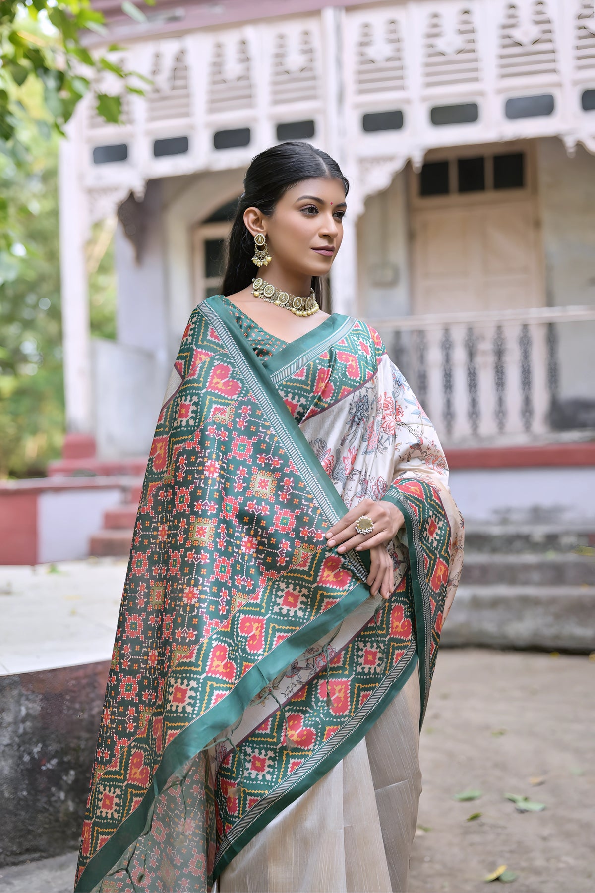 Beige & Green Patola Print Soft Tussar Silk Saree