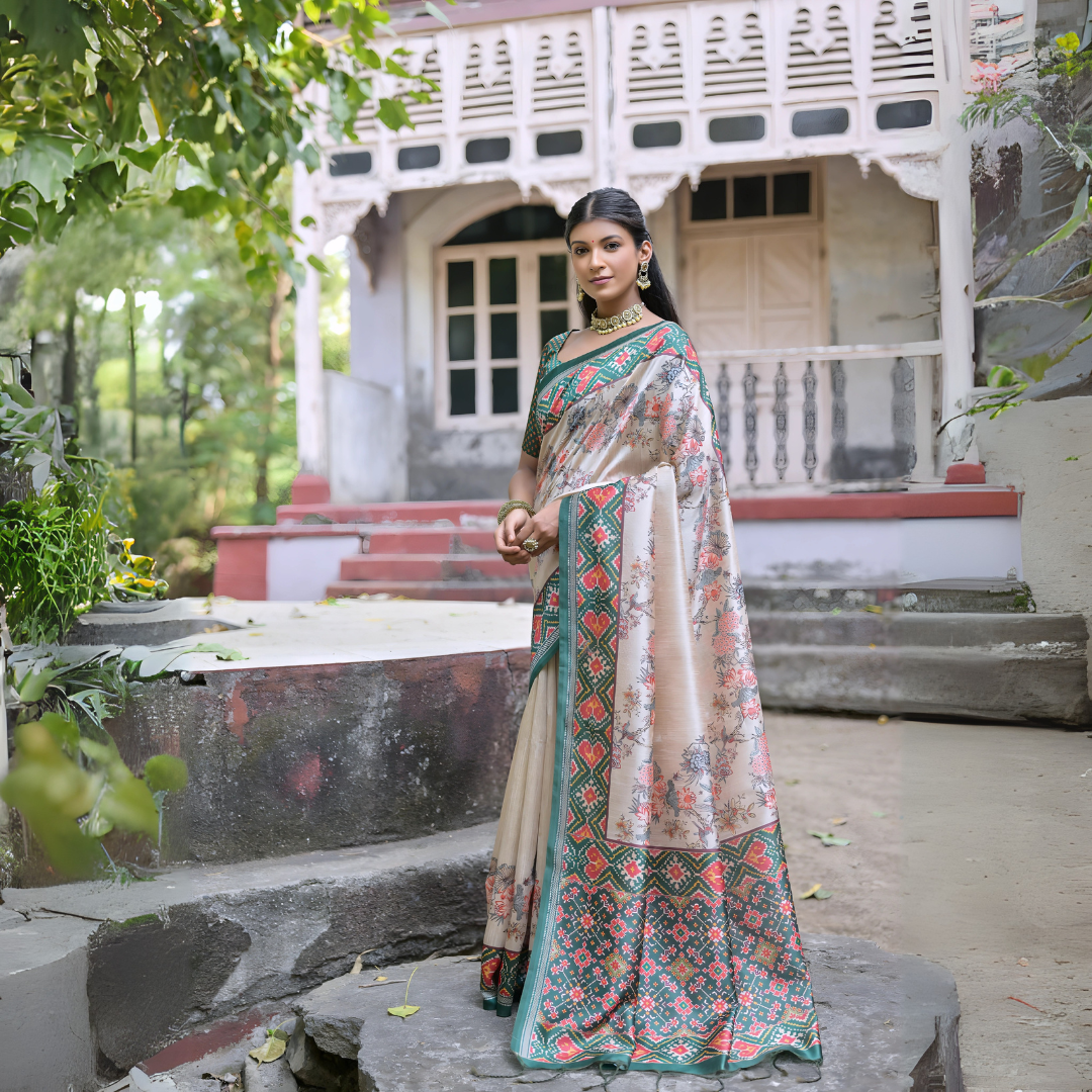Beige & Green Patola Print Soft Tussar Silk Saree