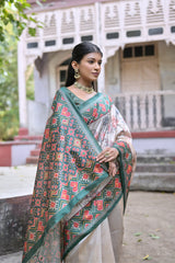 Beige & Green Patola Print Soft Tussar Silk Saree