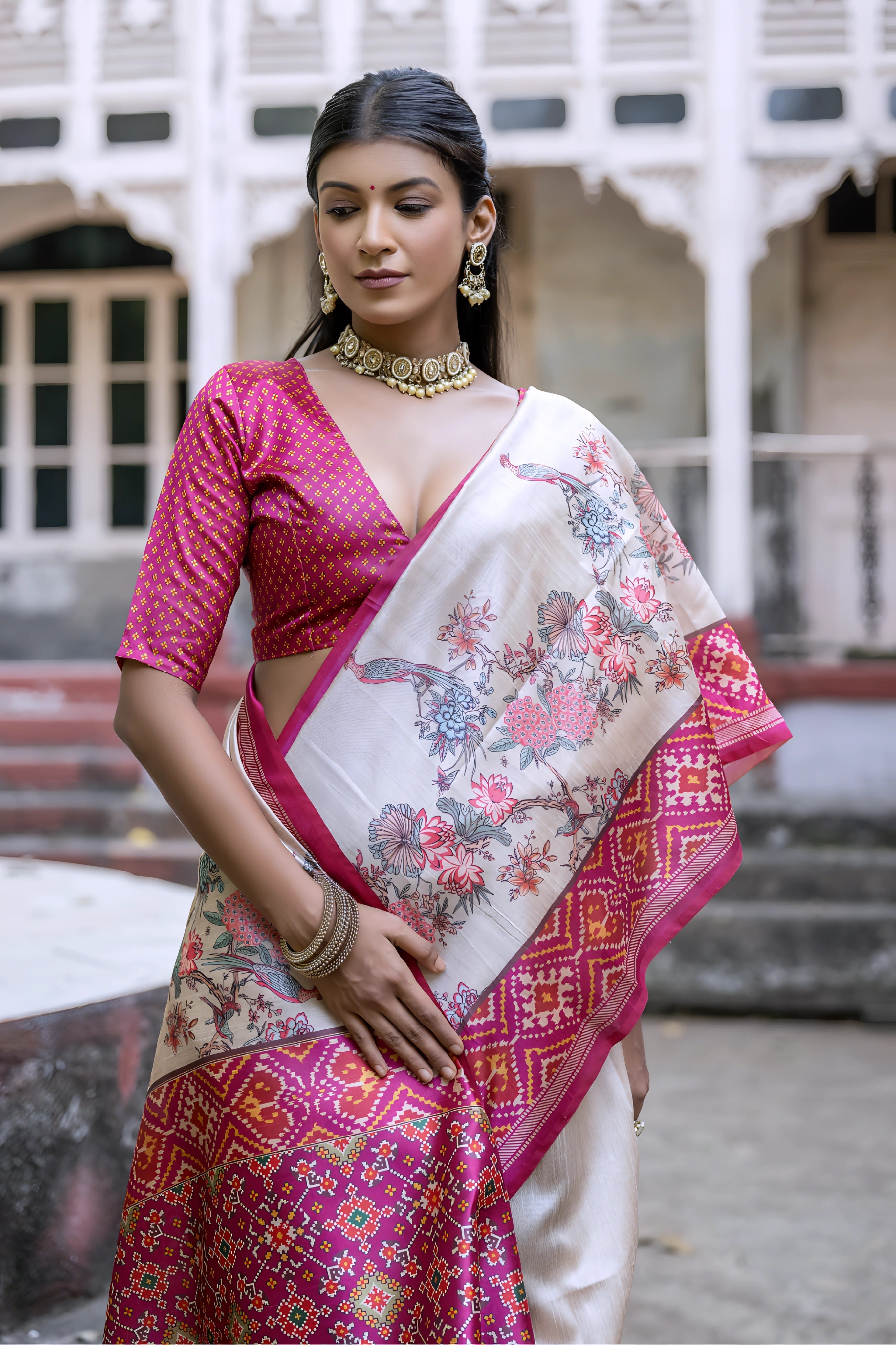 Beige & Dark Pink Patola Print Soft Tussar Silk Saree