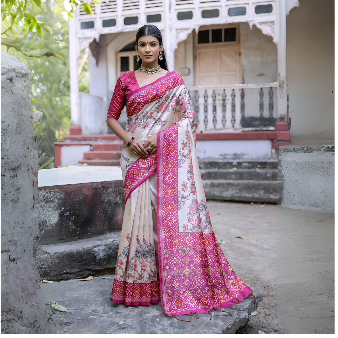 Beige & Dark Pink Patola Print Soft Tussar Silk Saree
