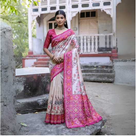 Beige & Dark Pink Patola Print Soft Tussar Silk Saree