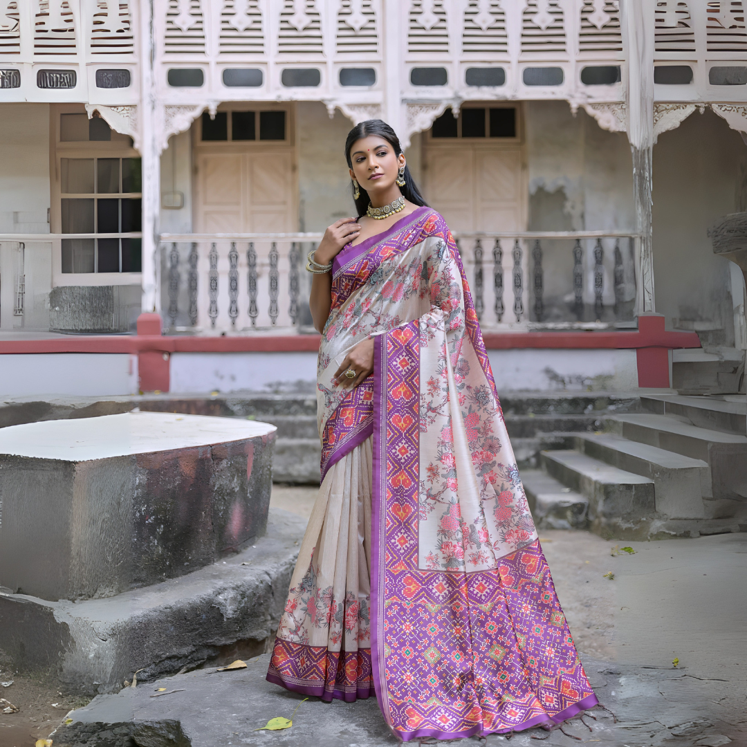 Beige & Purple Patola Print Soft Tussar Silk Saree