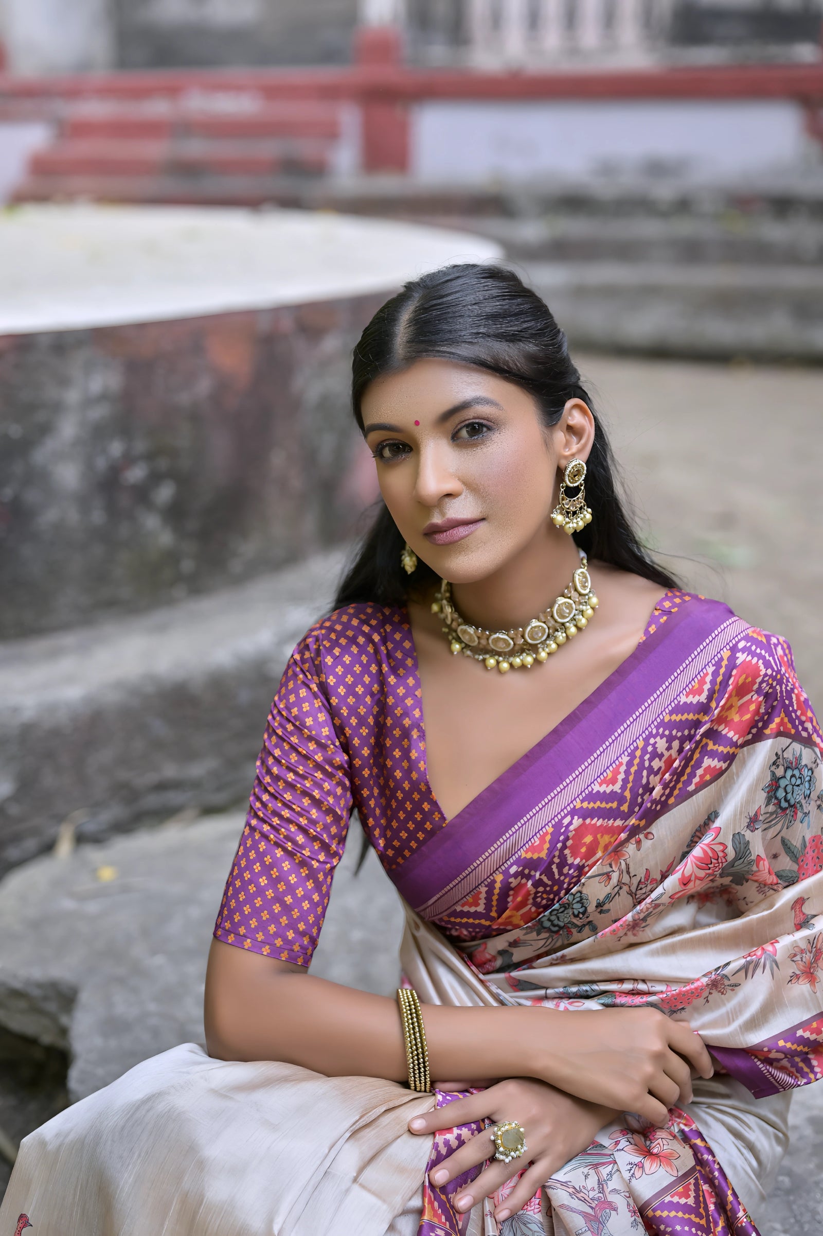 Beige & Purple Patola Print Soft Tussar Silk Saree