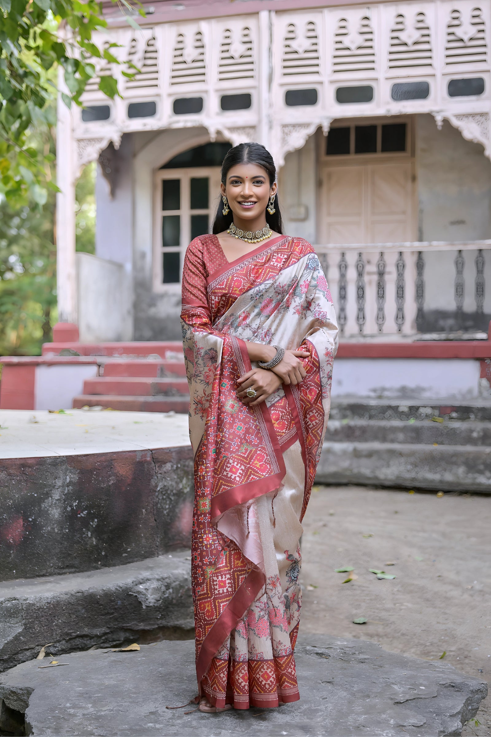 Beige & Red Patola Print Soft Tussar Silk Saree