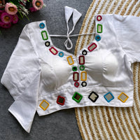 White Mirror Work V-Neck Silk Blouse