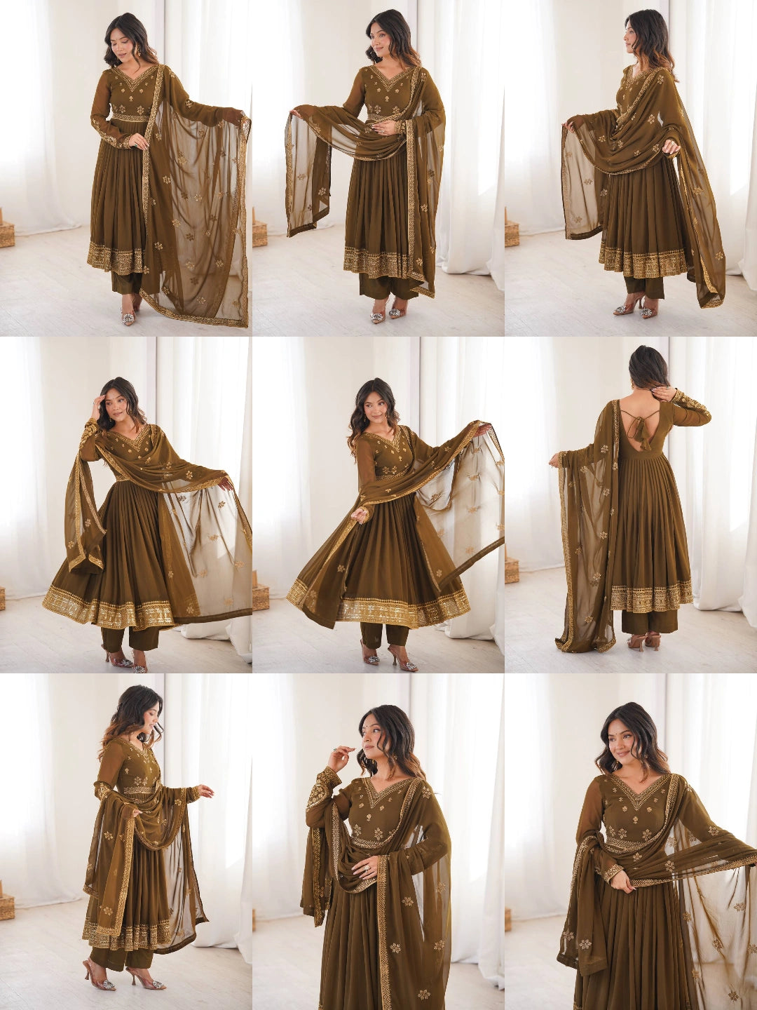 Olive Brown Sequins Embroidered Suit – Anarkali Pant Set with Dupatta