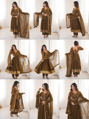 Olive Brown Sequins Embroidered Suit – Anarkali Pant Set with Dupatta