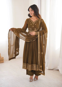 Olive Brown Sequins Embroidered Suit – Anarkali Pant Set with Dupatta
