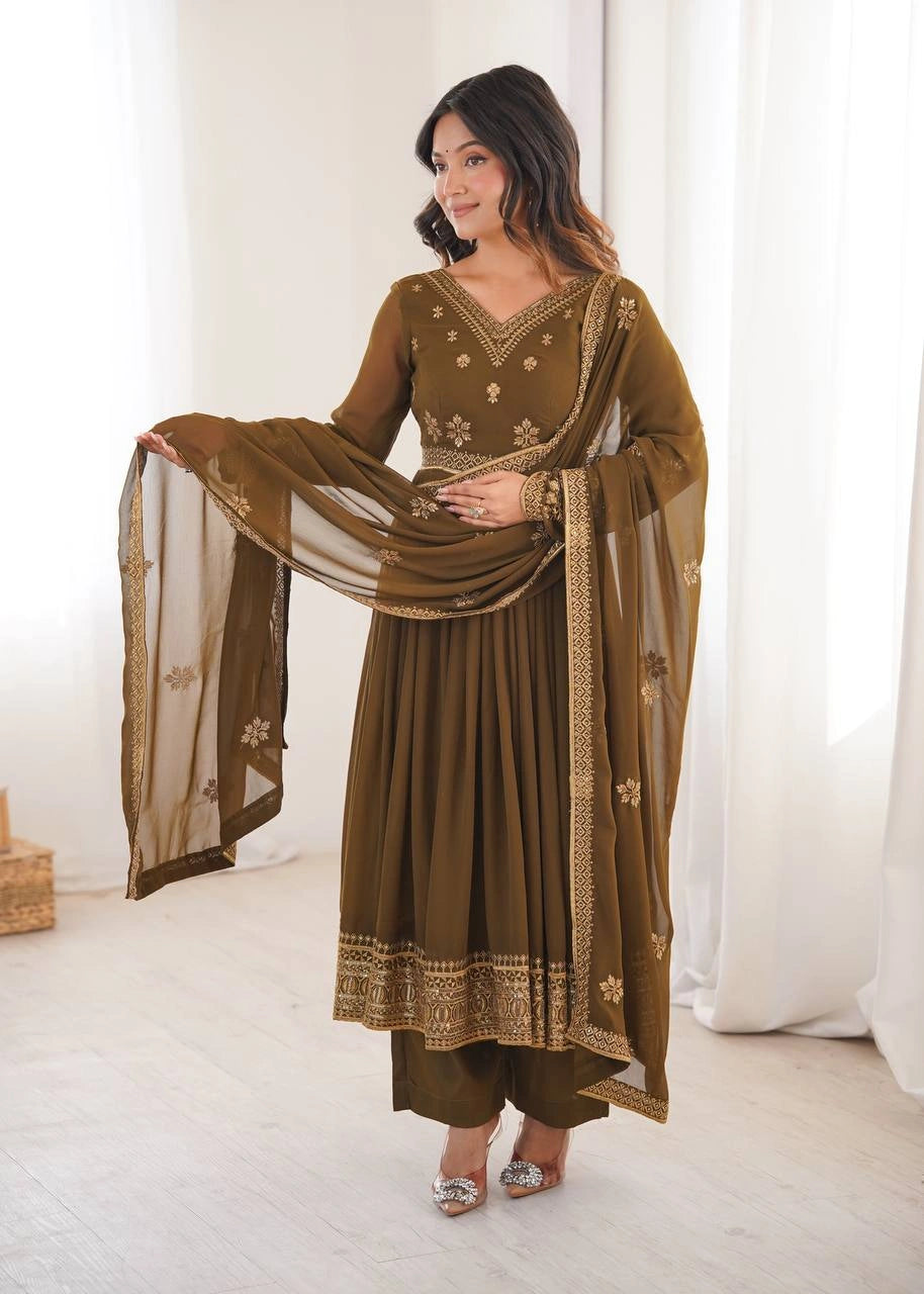 Olive Brown Sequins Embroidered Suit – Anarkali Pant Set with Dupatta