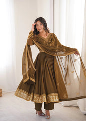 Olive Brown Sequins Embroidered Suit – Anarkali Pant Set with Dupatta