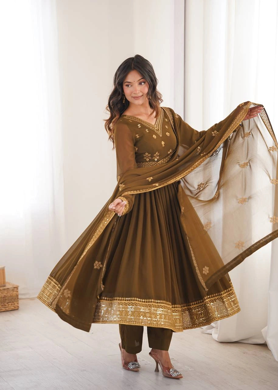 Olive Brown Sequins Embroidered Suit – Anarkali Pant Set with Dupatta
