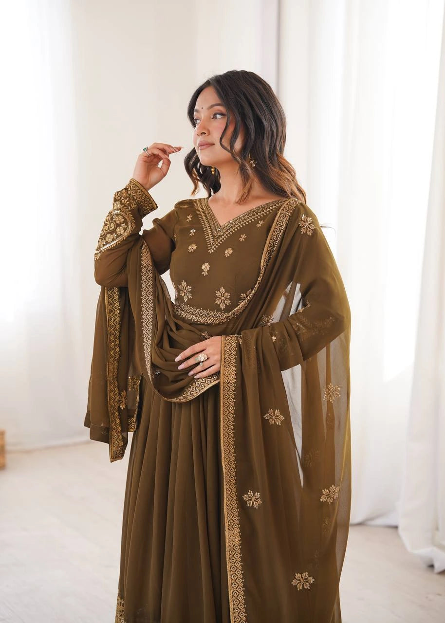 Olive Brown Sequins Embroidered Suit – Anarkali Pant Set with Dupatta