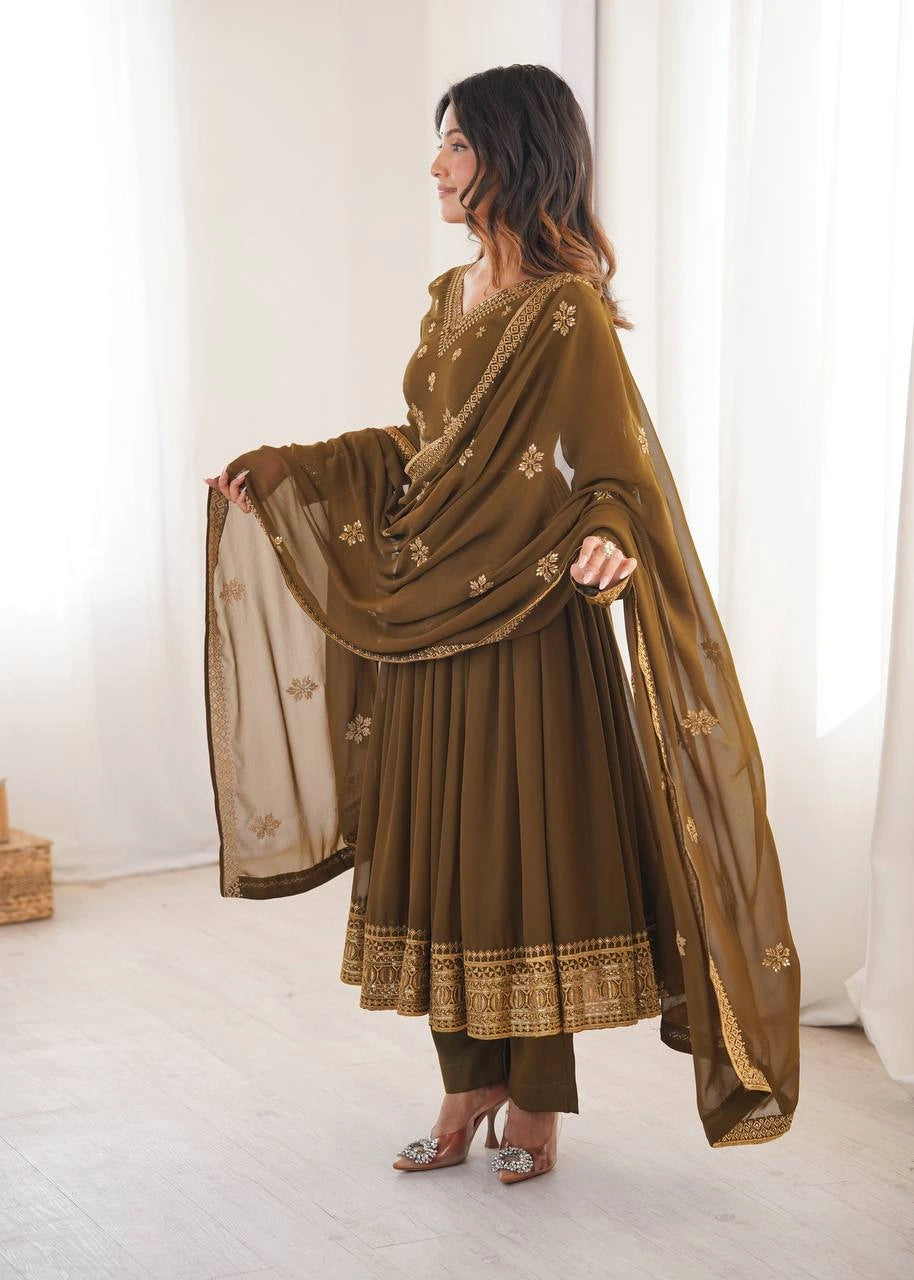 Olive Brown Sequins Embroidered Suit – Anarkali Pant Set with Dupatta