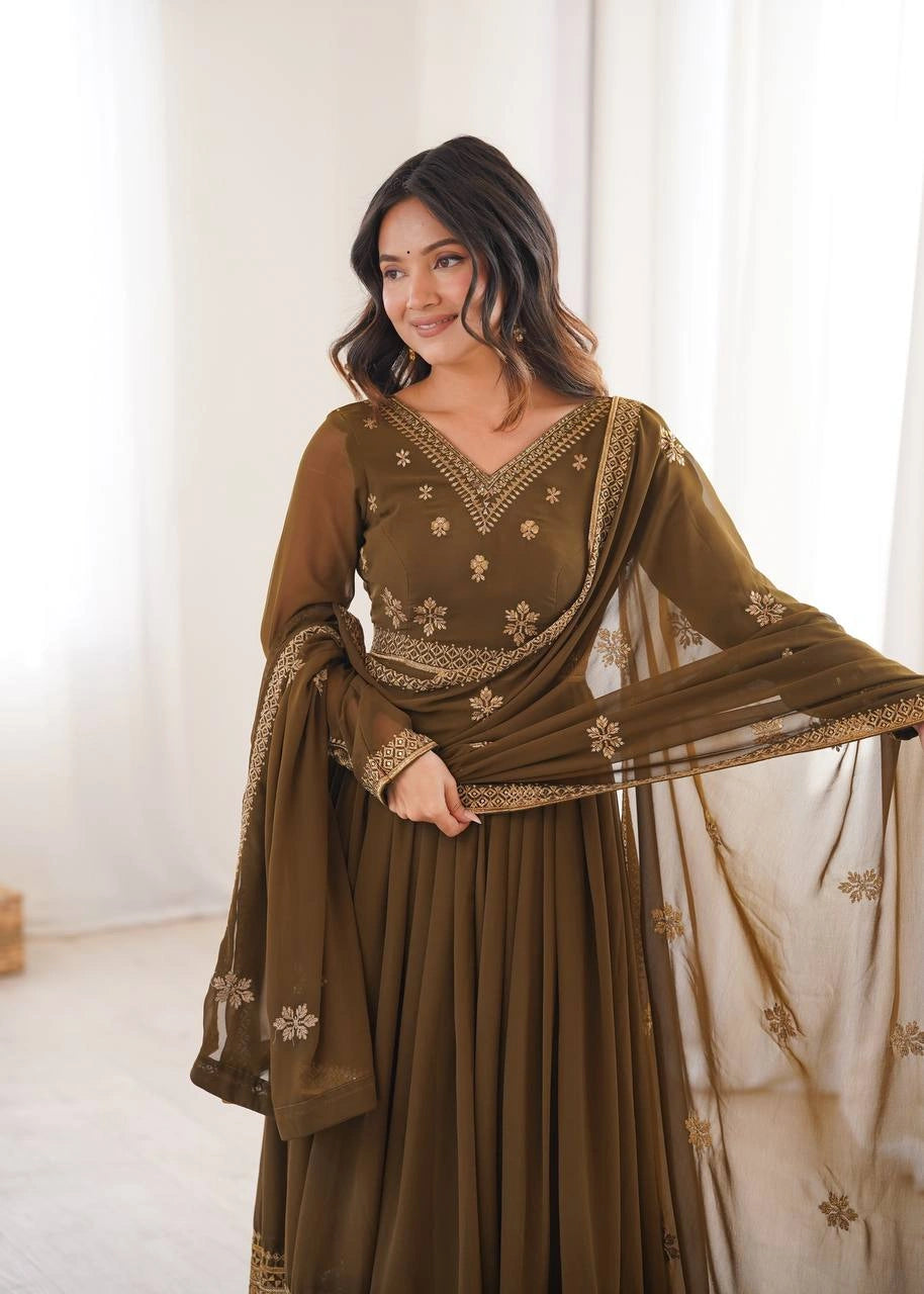 Olive Brown Sequins Embroidered Suit – Anarkali Pant Set with Dupatta
