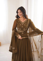 Olive Brown Sequins Embroidered Suit – Anarkali Pant Set with Dupatta