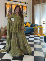 Olive Green Digital Floral Print Suit with palazzo and dupatta, front view