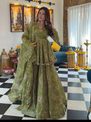 Olive Green Digital Floral Print Suit in soft tabby organza, full look with dupatta