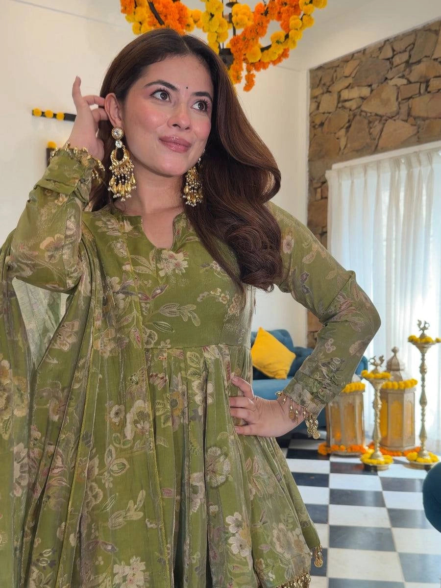 Olive Green Digital Floral Print Suit full sleeve round neck kurta close-up