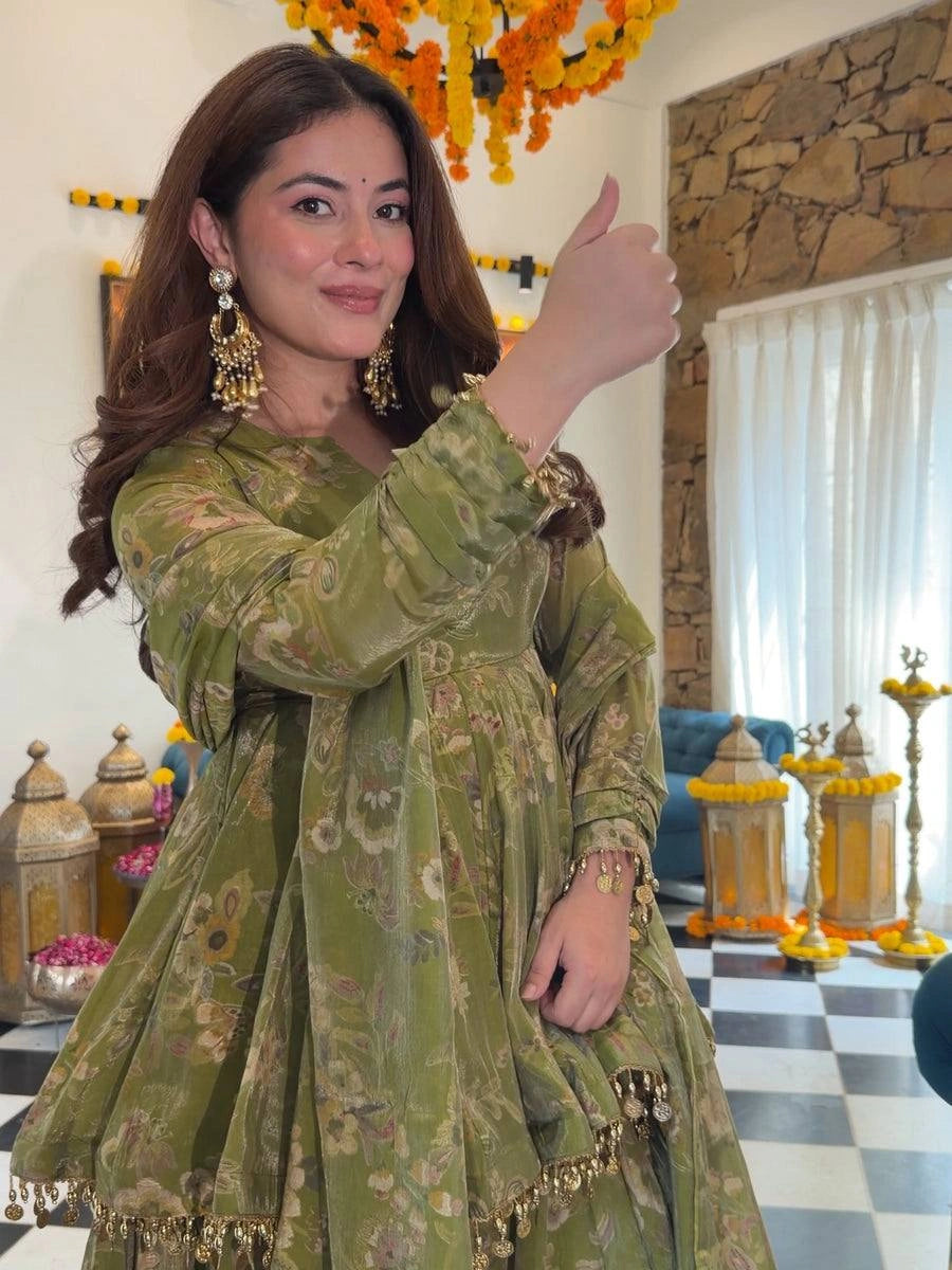 Olive Green Digital Floral Print Suit dupatta with golden latkan edge
