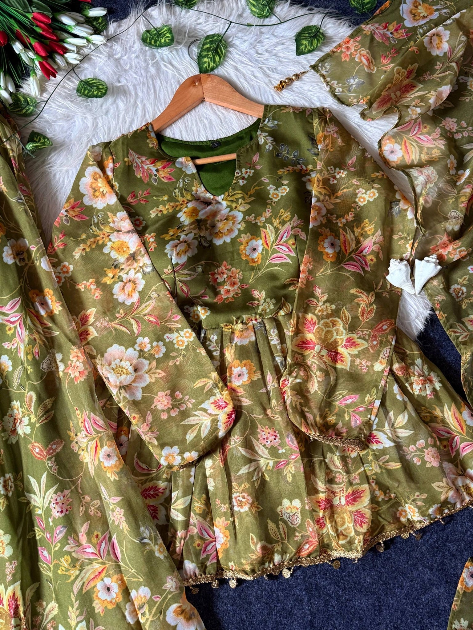 Olive Green Digital Floral Print Suit set flat lay with palazzo and dupatta