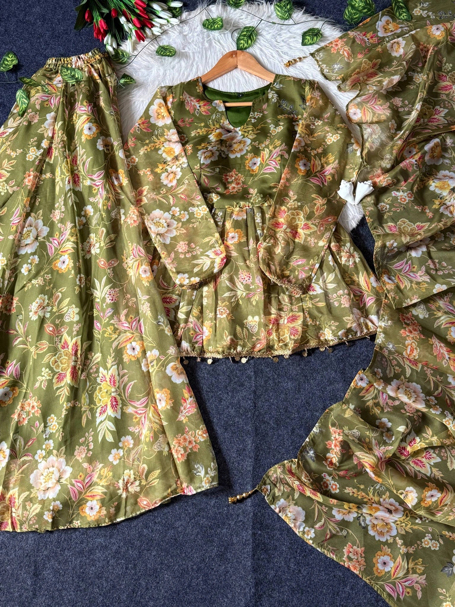 Olive Green Digital Floral Print Suit kurta and palazzo flat lay