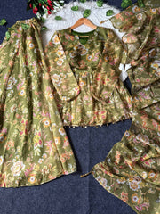 Olive Green Digital Floral Print Suit kurta and palazzo flat lay