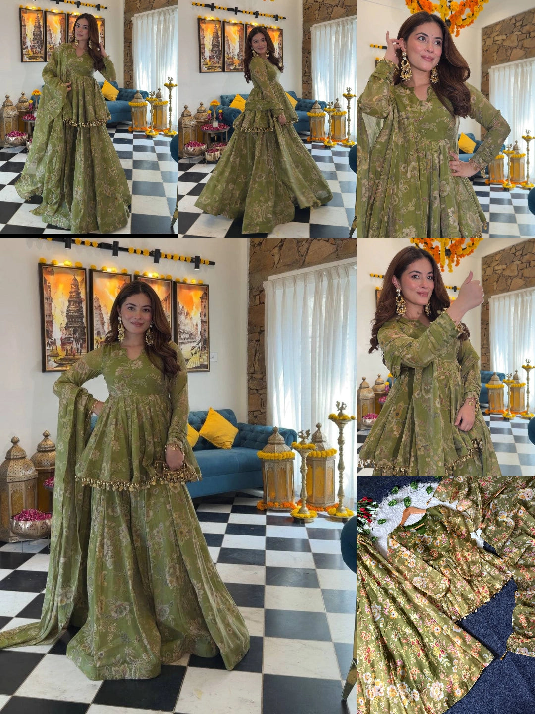 Olive Green Digital Floral Print Suit styling collage