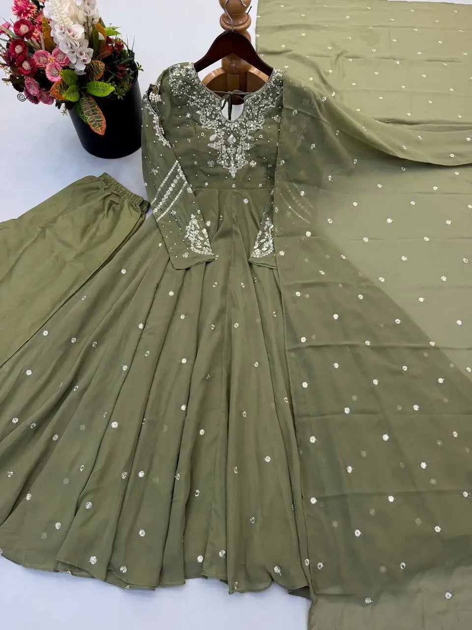 Olive Green Suit Flat Lay All 3 Pieces Suit Pant Dupatta – KU246
