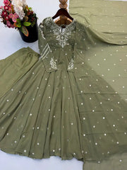 Olive Green Suit Flat Lay All 3 Pieces Suit Pant Dupatta – KU246