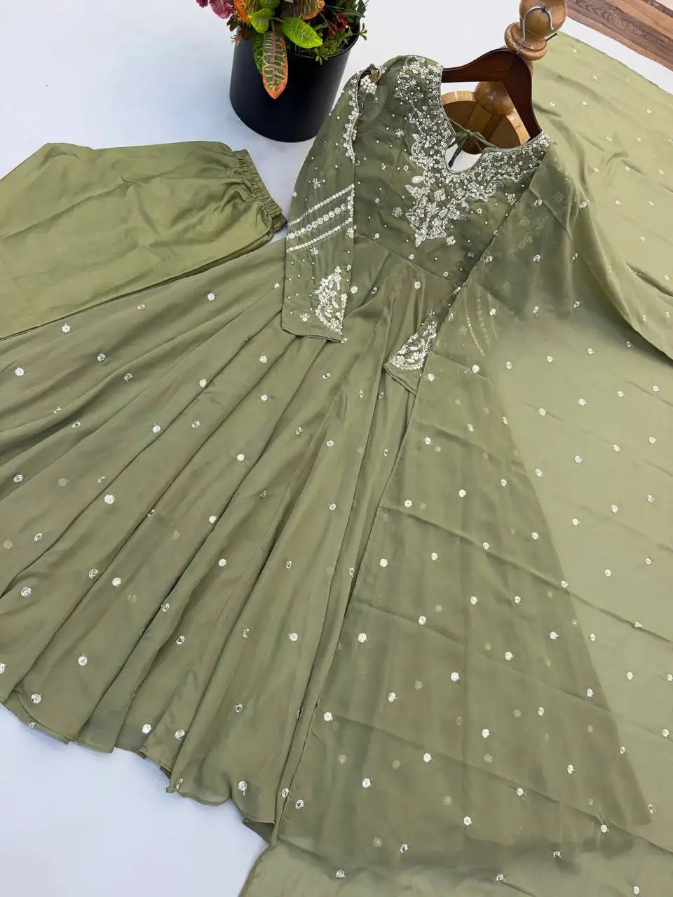 Olive Green Faux Georgette Suit Flat Lay Angled View – KU246