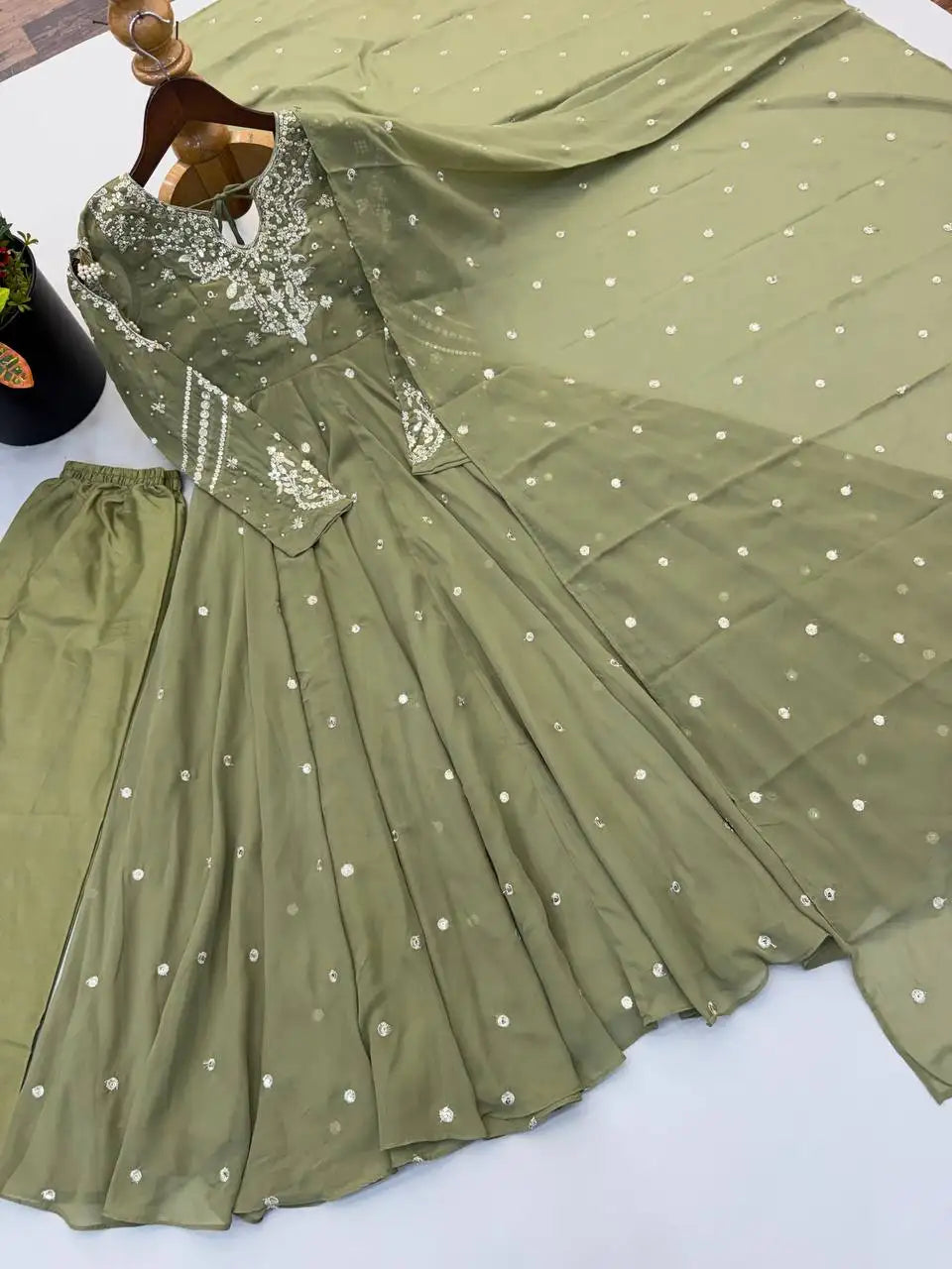 Olive Green Suit Set Clean Flat Lay with Pant and Dupatta – KU246