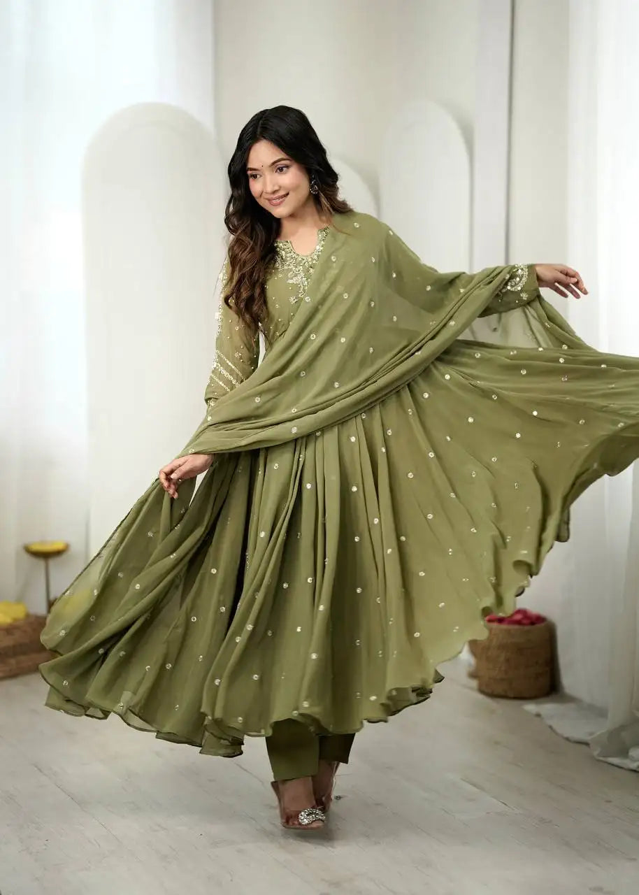 Olive Green Embroidered Anarkali Suit Full Front Best View – KU246