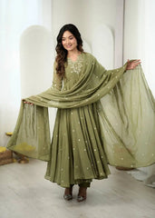 Olive Green Faux Georgette Anarkali Suit Dupatta Spread Wide – KU246