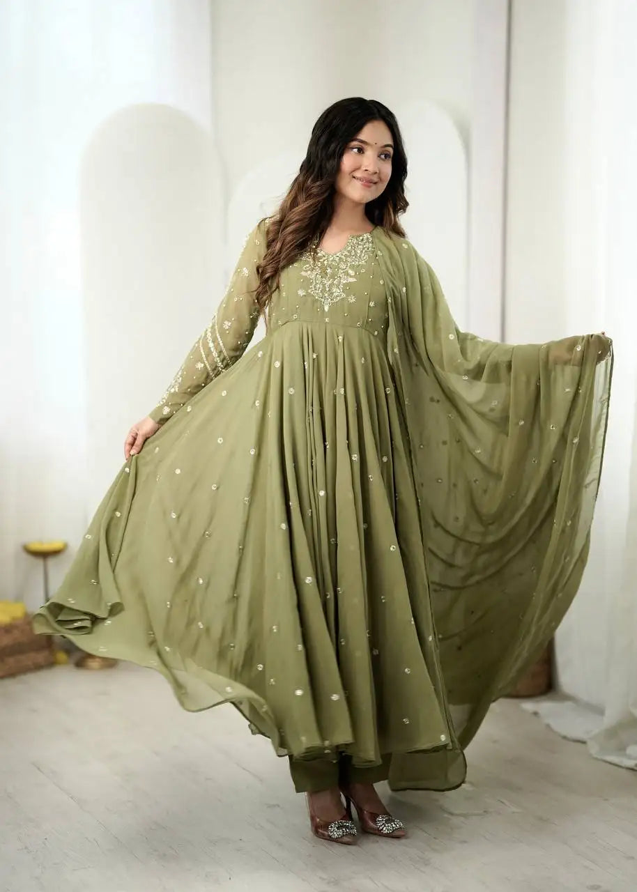 Olive Green Anarkali Suit Full Length Front Energetic Pose – KU246