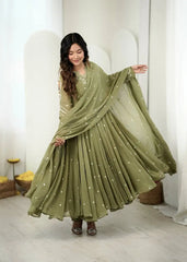 Olive Green Suit Twirling Pose Showing Anarkali Flare – KU246