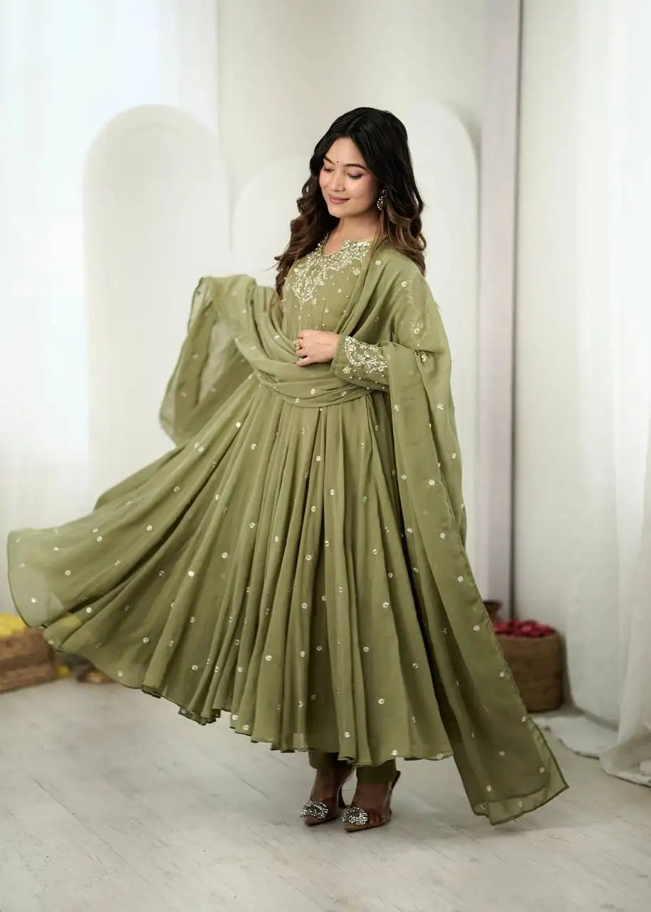 Olive Green Embroidered Suit Front Pulling Dupatta – KU246