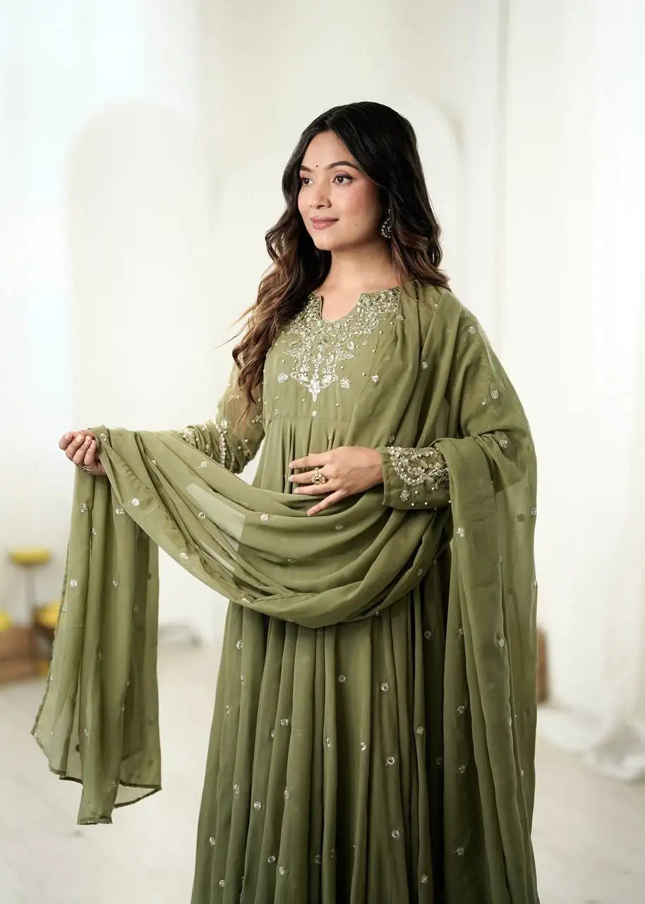 Olive Green Suit Upper Body Fancy Neck Sequins Embroidery Close-Up – KU246