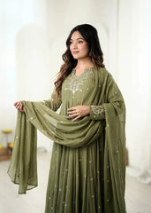 Olive Green Suit Upper Body Fancy Neck Sequins Embroidery Close-Up – KU246